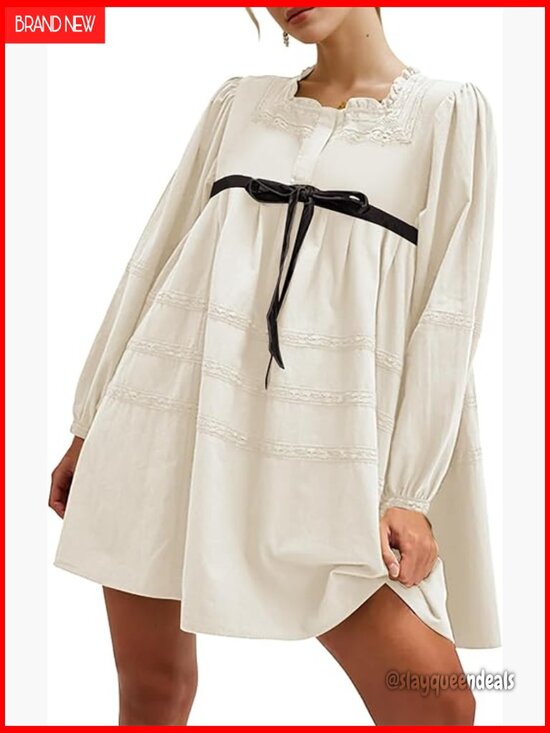 Dresses & Skirts - Flowy Long Puff Sleeve Mini Dress Square Neck Lace Babydoll A-line Tunic